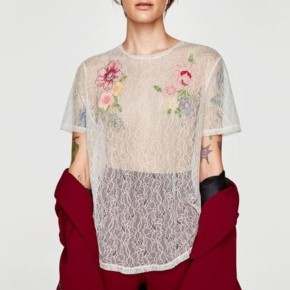 Zara Tops - Zara White Mesh Lace Floral Embroidered Blouse